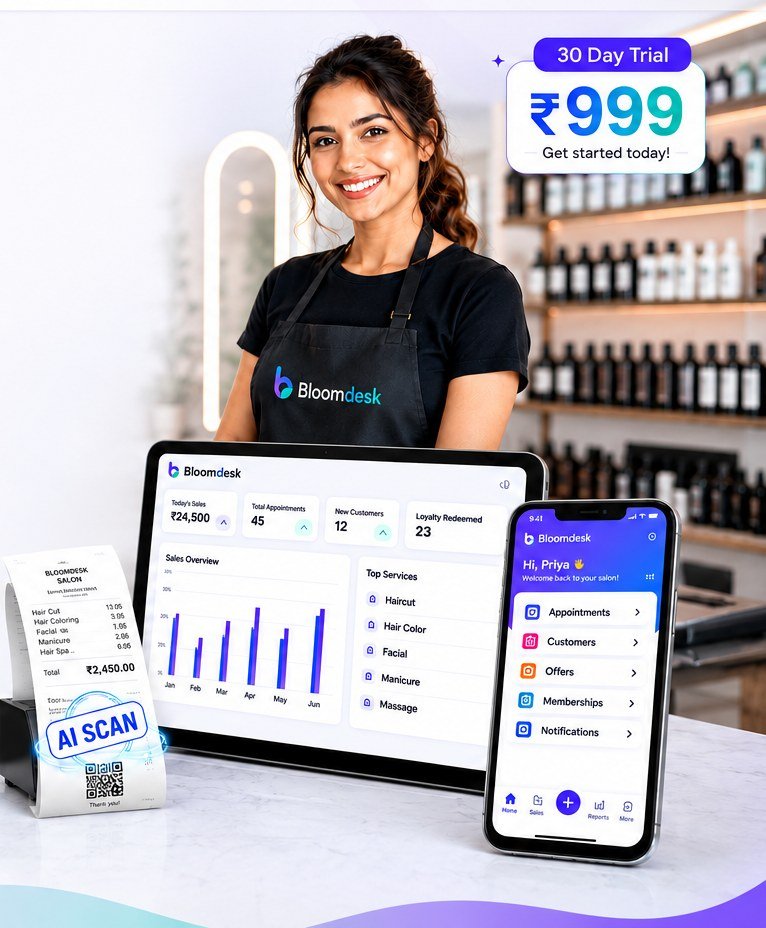 Bloomdesk salon owner with dashboard